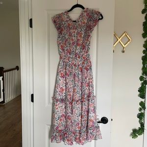 CeCe floral midi tiered dress with ruffle sleeves
